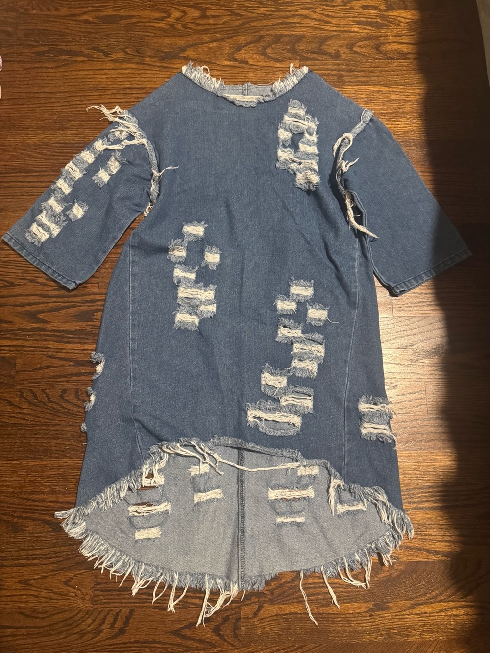 Thrill Distressed Denim Dress in Blue with Fringe